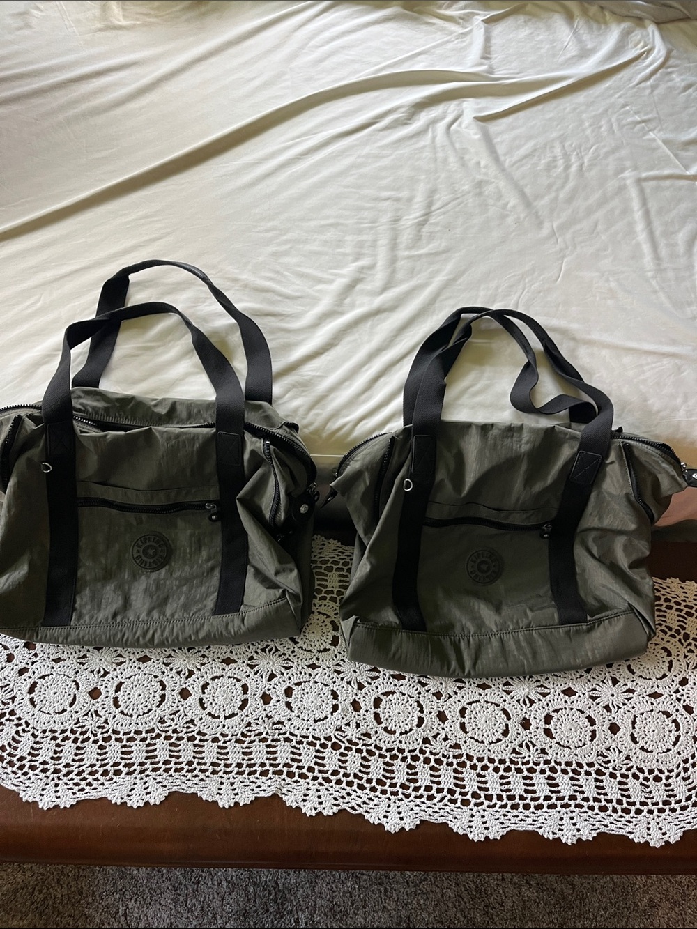 Kipling Olive Green Nylon Travel Totes with Black Straps
Both bags included
